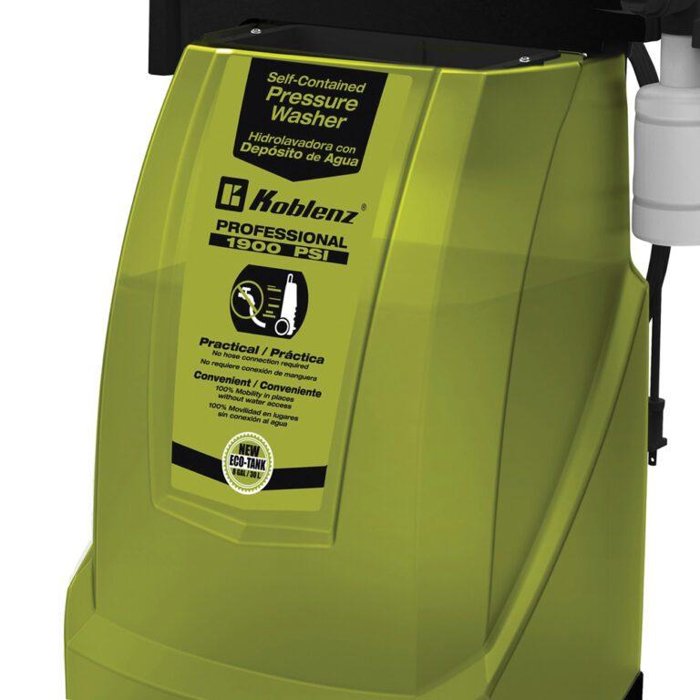 Koblenz 1,900 PSI Self-Contained Pressure Washer Powerful 1,900psi engine Does not require water hose connection 7.92gal water tank Washes a full-size SUV Auto shutoff system Water flows at 1.19L/min Max water temperature: 104°F 16.4ft high-pressure hose 35ft line cord Detergent tank Wheels offer easy transport Accessory holder & ergonomic handle 1-year warranty Includes water gun, wand with adjustable nozzle & solution dispenser