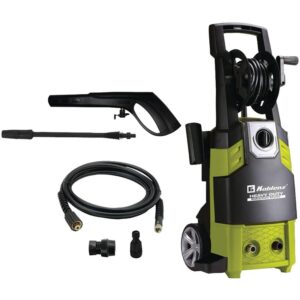Koblenz 2,600 PSI Pressure Washer Automatic stop system 9.8ft line cable & 16.4ft high-pressure hose Spool for winding hose Integrated detergent tank Integrated accessory holder Ergonomic handle for easy handling Large rear wheels for easy transportation 1-year warranty Includes extension lance with adjustable nozzle, gun, water inlet connector & quick connector