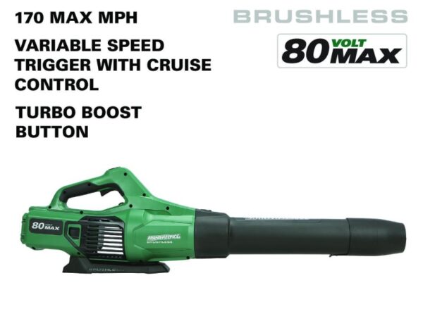 Masterforce® 20 inche 80-Volt Max Cordless Single Stage Snow Thrower & Blower Combo This Masterforce® brushless 80-volt max snow thrower-leaf blower combo is designed with power and performance in mind. The 20-inch single stage snow thrower features a 20-inch clearing depth, 10-inch clearing height, 8-inch wheels, and a powerful brushless motor. The unit is easy to use. It has chute that can swivel 180-degrees and dual LED lights to improve visibility when needed. It's designed for durability and medium-duty jobs and features a brushless motor that delivers power and performance with a heavy-duty two-blade paddle auger. Powered by an 80-volt 4.0Ah battery, this unit can clear up to 750 cubic feet of snow on one fully charged battery. Also included is the powerful 80-volt Masterforce® brushless leaf blower that provides up to 730 CFM at 170 miles per hour. It features reduced fatigue with comfort over mold grip, variable trigger, and cruise control. It all starts with the push of a button. No need to mess with a choke or pull cord. No need to mess with oil and gas. It's powerful, efficient, easy to use, and hassle free. Dimensions: 31 in D * 20.9 in W * 37 in H Weight: 33lbs Thrower and blower: brushless motors provide more torque, quiet operation, and longer life Thrower removes up to 750 cu ft with fully charged 80V 4Ah battery (included) Thrower: 20" clearing depth, 10" clearing height, and up to 20' throwing distance Thrower: dual LED lights to increase visibility and chute swivels 180° Blower: up to 730 CFM of air volume at 170 mph to power through debris, wet leaves, and more Blower: convenience turbo button, variable speed trigger, and cruise control Includes 1 Masterforce® 80V 4.0Ah battery compatible with all Masterforce® 80V and Greenworks 80V products Includes 1 Masterforce® 80V Rapid Charger that charges 80V 4.0Ah battery in 60 minutes