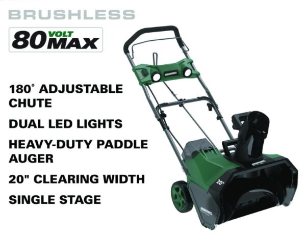 Masterforce® 20 inche 80-Volt Max Cordless Single Stage Snow Thrower & Blower Combo This Masterforce® brushless 80-volt max snow thrower-leaf blower combo is designed with power and performance in mind. The 20-inch single stage snow thrower features a 20-inch clearing depth, 10-inch clearing height, 8-inch wheels, and a powerful brushless motor. The unit is easy to use. It has chute that can swivel 180-degrees and dual LED lights to improve visibility when needed. It's designed for durability and medium-duty jobs and features a brushless motor that delivers power and performance with a heavy-duty two-blade paddle auger. Powered by an 80-volt 4.0Ah battery, this unit can clear up to 750 cubic feet of snow on one fully charged battery. Also included is the powerful 80-volt Masterforce® brushless leaf blower that provides up to 730 CFM at 170 miles per hour. It features reduced fatigue with comfort over mold grip, variable trigger, and cruise control. It all starts with the push of a button. No need to mess with a choke or pull cord. No need to mess with oil and gas. It's powerful, efficient, easy to use, and hassle free. Dimensions: 31 in D * 20.9 in W * 37 in H Weight: 33lbs Thrower and blower: brushless motors provide more torque, quiet operation, and longer life Thrower removes up to 750 cu ft with fully charged 80V 4Ah battery (included) Thrower: 20" clearing depth, 10" clearing height, and up to 20' throwing distance Thrower: dual LED lights to increase visibility and chute swivels 180° Blower: up to 730 CFM of air volume at 170 mph to power through debris, wet leaves, and more Blower: convenience turbo button, variable speed trigger, and cruise control Includes 1 Masterforce® 80V 4.0Ah battery compatible with all Masterforce® 80V and Greenworks 80V products Includes 1 Masterforce® 80V Rapid Charger that charges 80V 4.0Ah battery in 60 minutes