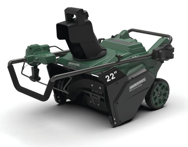 Masterforce® 22 inche 80-Volt Single-Stage Brushless Cordless Snow Blower Masterforce&re; Brushless 80V Max tools are designed with power and performance in mind. The Masterforce® Brushless 80V Max Single Stage Snow Thrower features a 22" clearing depth, 12" clearing height, 8" wheels, and a powerful brushless motor. The unit is easy to use. It features no-effort, ergonomic chute controls, and a chute that can swivel 180-degrees. It has dual LED lights to improve visibility when needed. Designed for durability and medium duty jobs, it features a brushless motor that delivers power and performance and a heavy-duty two-blade paddle auger. Powered by a 80-volt 4.0Ah battery, this unit can clear up to 853 cubic feet of snow on one fully charged battery (it is designed for a typical four car driveway). The quick release handle folds down allowing the unit to be stored more compactly. It starts with the push of a button. No need to mess with a choke or pull cord. No need to mess with oil and gas. It's powerful, efficient, easy to use, and hassle-free. Dimensions 32.90 H x 23.80 W x 19.30 D Weight 62 pounds Brushless motor provides more torque, quiet operation, and longer life Removes up to 853 cu ft with fully charged 80V 4Ah battery 22" clearing depth, 12" clearing height Dual LED lights to increase visibility No effort, ergonomic chute controls; chute swivels 180° 8" wheels Quick release levers allow handle to be quickly folded and unit easily stored Push-button start Includes 1 Masterforce® 80V 4.0Ah battery compatible with all Masterforce® 80V and Greenworks™ 80V products Includes 1 Masterforce® 80V rapid charger that charges an 80V 4.0Ah battery in 60 minutes