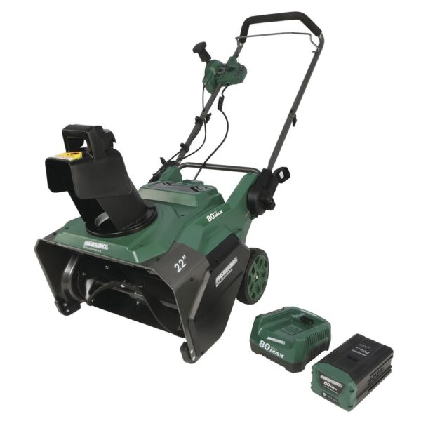 Masterforce® 22 inche 80-Volt Single-Stage Brushless Cordless Snow Blower Masterforce&re; Brushless 80V Max tools are designed with power and performance in mind. The Masterforce® Brushless 80V Max Single Stage Snow Thrower features a 22" clearing depth, 12" clearing height, 8" wheels, and a powerful brushless motor. The unit is easy to use. It features no-effort, ergonomic chute controls, and a chute that can swivel 180-degrees. It has dual LED lights to improve visibility when needed. Designed for durability and medium duty jobs, it features a brushless motor that delivers power and performance and a heavy-duty two-blade paddle auger. Powered by a 80-volt 4.0Ah battery, this unit can clear up to 853 cubic feet of snow on one fully charged battery (it is designed for a typical four car driveway). The quick release handle folds down allowing the unit to be stored more compactly. It starts with the push of a button. No need to mess with a choke or pull cord. No need to mess with oil and gas. It's powerful, efficient, easy to use, and hassle-free. Dimensions 32.90 H x 23.80 W x 19.30 D Weight 62 pounds Brushless motor provides more torque, quiet operation, and longer life Removes up to 853 cu ft with fully charged 80V 4Ah battery 22" clearing depth, 12" clearing height Dual LED lights to increase visibility No effort, ergonomic chute controls; chute swivels 180° 8" wheels Quick release levers allow handle to be quickly folded and unit easily stored Push-button start Includes 1 Masterforce® 80V 4.0Ah battery compatible with all Masterforce® 80V and Greenworks™ 80V products Includes 1 Masterforce® 80V rapid charger that charges an 80V 4.0Ah battery in 60 minutes