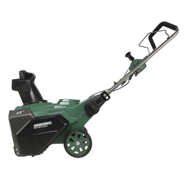 Masterforce® 22 inche 80-Volt Single-Stage Brushless Cordless Snow Blower Masterforce&re; Brushless 80V Max tools are designed with power and performance in mind. The Masterforce® Brushless 80V Max Single Stage Snow Thrower features a 22" clearing depth, 12" clearing height, 8" wheels, and a powerful brushless motor. The unit is easy to use. It features no-effort, ergonomic chute controls, and a chute that can swivel 180-degrees. It has dual LED lights to improve visibility when needed. Designed for durability and medium duty jobs, it features a brushless motor that delivers power and performance and a heavy-duty two-blade paddle auger. Powered by a 80-volt 4.0Ah battery, this unit can clear up to 853 cubic feet of snow on one fully charged battery (it is designed for a typical four car driveway). The quick release handle folds down allowing the unit to be stored more compactly. It starts with the push of a button. No need to mess with a choke or pull cord. No need to mess with oil and gas. It's powerful, efficient, easy to use, and hassle-free. Dimensions 32.90 H x 23.80 W x 19.30 D Weight 62 pounds Brushless motor provides more torque, quiet operation, and longer life Removes up to 853 cu ft with fully charged 80V 4Ah battery 22" clearing depth, 12" clearing height Dual LED lights to increase visibility No effort, ergonomic chute controls; chute swivels 180° 8" wheels Quick release levers allow handle to be quickly folded and unit easily stored Push-button start Includes 1 Masterforce® 80V 4.0Ah battery compatible with all Masterforce® 80V and Greenworks™ 80V products Includes 1 Masterforce® 80V rapid charger that charges an 80V 4.0Ah battery in 60 minutes