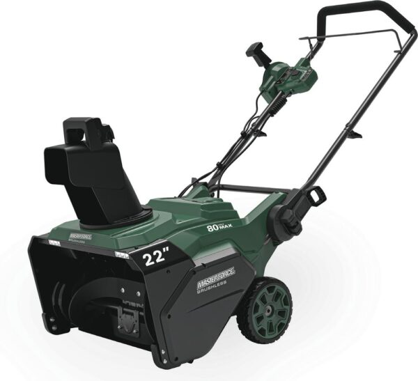 Masterforce® 22 inche 80-Volt Single-Stage Brushless Cordless Snow Blower Masterforce&re; Brushless 80V Max tools are designed with power and performance in mind. The Masterforce® Brushless 80V Max Single Stage Snow Thrower features a 22" clearing depth, 12" clearing height, 8" wheels, and a powerful brushless motor. The unit is easy to use. It features no-effort, ergonomic chute controls, and a chute that can swivel 180-degrees. It has dual LED lights to improve visibility when needed. Designed for durability and medium duty jobs, it features a brushless motor that delivers power and performance and a heavy-duty two-blade paddle auger. Powered by a 80-volt 4.0Ah battery, this unit can clear up to 853 cubic feet of snow on one fully charged battery (it is designed for a typical four car driveway). The quick release handle folds down allowing the unit to be stored more compactly. It starts with the push of a button. No need to mess with a choke or pull cord. No need to mess with oil and gas. It's powerful, efficient, easy to use, and hassle-free. Dimensions 32.90 H x 23.80 W x 19.30 D Weight 62 pounds Brushless motor provides more torque, quiet operation, and longer life Removes up to 853 cu ft with fully charged 80V 4Ah battery 22" clearing depth, 12" clearing height Dual LED lights to increase visibility No effort, ergonomic chute controls; chute swivels 180° 8" wheels Quick release levers allow handle to be quickly folded and unit easily stored Push-button start Includes 1 Masterforce® 80V 4.0Ah battery compatible with all Masterforce® 80V and Greenworks™ 80V products Includes 1 Masterforce® 80V rapid charger that charges an 80V 4.0Ah battery in 60 minutes