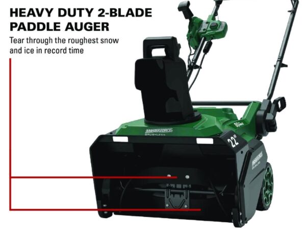 Masterforce® 22 inche 80-Volt Single-Stage Brushless Cordless Snow Blower Masterforce&re; Brushless 80V Max tools are designed with power and performance in mind. The Masterforce® Brushless 80V Max Single Stage Snow Thrower features a 22" clearing depth, 12" clearing height, 8" wheels, and a powerful brushless motor. The unit is easy to use. It features no-effort, ergonomic chute controls, and a chute that can swivel 180-degrees. It has dual LED lights to improve visibility when needed. Designed for durability and medium duty jobs, it features a brushless motor that delivers power and performance and a heavy-duty two-blade paddle auger. Powered by a 80-volt 4.0Ah battery, this unit can clear up to 853 cubic feet of snow on one fully charged battery (it is designed for a typical four car driveway). The quick release handle folds down allowing the unit to be stored more compactly. It starts with the push of a button. No need to mess with a choke or pull cord. No need to mess with oil and gas. It's powerful, efficient, easy to use, and hassle-free. Dimensions 32.90 H x 23.80 W x 19.30 D Weight 62 pounds Brushless motor provides more torque, quiet operation, and longer life Removes up to 853 cu ft with fully charged 80V 4Ah battery 22" clearing depth, 12" clearing height Dual LED lights to increase visibility No effort, ergonomic chute controls; chute swivels 180° 8" wheels Quick release levers allow handle to be quickly folded and unit easily stored Push-button start Includes 1 Masterforce® 80V 4.0Ah battery compatible with all Masterforce® 80V and Greenworks™ 80V products Includes 1 Masterforce® 80V rapid charger that charges an 80V 4.0Ah battery in 60 minutes