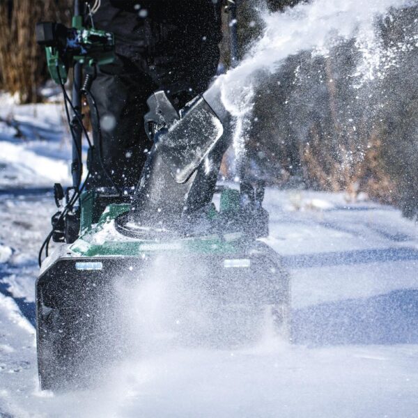 Masterforce® 22 inche 80-Volt Single-Stage Brushless Cordless Snow Blower Masterforce&re; Brushless 80V Max tools are designed with power and performance in mind. The Masterforce® Brushless 80V Max Single Stage Snow Thrower features a 22" clearing depth, 12" clearing height, 8" wheels, and a powerful brushless motor. The unit is easy to use. It features no-effort, ergonomic chute controls, and a chute that can swivel 180-degrees. It has dual LED lights to improve visibility when needed. Designed for durability and medium duty jobs, it features a brushless motor that delivers power and performance and a heavy-duty two-blade paddle auger. Powered by a 80-volt 4.0Ah battery, this unit can clear up to 853 cubic feet of snow on one fully charged battery (it is designed for a typical four car driveway). The quick release handle folds down allowing the unit to be stored more compactly. It starts with the push of a button. No need to mess with a choke or pull cord. No need to mess with oil and gas. It's powerful, efficient, easy to use, and hassle-free. Dimensions 32.90 H x 23.80 W x 19.30 D Weight 62 pounds Brushless motor provides more torque, quiet operation, and longer life Removes up to 853 cu ft with fully charged 80V 4Ah battery 22" clearing depth, 12" clearing height Dual LED lights to increase visibility No effort, ergonomic chute controls; chute swivels 180° 8" wheels Quick release levers allow handle to be quickly folded and unit easily stored Push-button start Includes 1 Masterforce® 80V 4.0Ah battery compatible with all Masterforce® 80V and Greenworks™ 80V products Includes 1 Masterforce® 80V rapid charger that charges an 80V 4.0Ah battery in 60 minutes