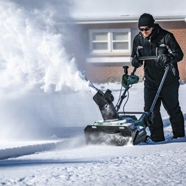 Masterforce® 22 inche 80-Volt Single-Stage Brushless Cordless Snow Blower Masterforce&re; Brushless 80V Max tools are designed with power and performance in mind. The Masterforce® Brushless 80V Max Single Stage Snow Thrower features a 22" clearing depth, 12" clearing height, 8" wheels, and a powerful brushless motor. The unit is easy to use. It features no-effort, ergonomic chute controls, and a chute that can swivel 180-degrees. It has dual LED lights to improve visibility when needed. Designed for durability and medium duty jobs, it features a brushless motor that delivers power and performance and a heavy-duty two-blade paddle auger. Powered by a 80-volt 4.0Ah battery, this unit can clear up to 853 cubic feet of snow on one fully charged battery (it is designed for a typical four car driveway). The quick release handle folds down allowing the unit to be stored more compactly. It starts with the push of a button. No need to mess with a choke or pull cord. No need to mess with oil and gas. It's powerful, efficient, easy to use, and hassle-free. Dimensions 32.90 H x 23.80 W x 19.30 D Weight 62 pounds Brushless motor provides more torque, quiet operation, and longer life Removes up to 853 cu ft with fully charged 80V 4Ah battery 22" clearing depth, 12" clearing height Dual LED lights to increase visibility No effort, ergonomic chute controls; chute swivels 180° 8" wheels Quick release levers allow handle to be quickly folded and unit easily stored Push-button start Includes 1 Masterforce® 80V 4.0Ah battery compatible with all Masterforce® 80V and Greenworks™ 80V products Includes 1 Masterforce® 80V rapid charger that charges an 80V 4.0Ah battery in 60 minutes