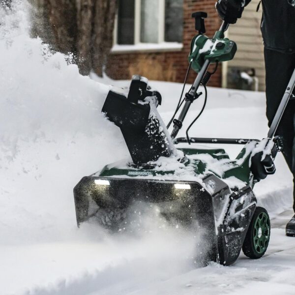 Masterforce® 22 inche 80-Volt Single-Stage Brushless Cordless Snow Blower Masterforce&re; Brushless 80V Max tools are designed with power and performance in mind. The Masterforce® Brushless 80V Max Single Stage Snow Thrower features a 22" clearing depth, 12" clearing height, 8" wheels, and a powerful brushless motor. The unit is easy to use. It features no-effort, ergonomic chute controls, and a chute that can swivel 180-degrees. It has dual LED lights to improve visibility when needed. Designed for durability and medium duty jobs, it features a brushless motor that delivers power and performance and a heavy-duty two-blade paddle auger. Powered by a 80-volt 4.0Ah battery, this unit can clear up to 853 cubic feet of snow on one fully charged battery (it is designed for a typical four car driveway). The quick release handle folds down allowing the unit to be stored more compactly. It starts with the push of a button. No need to mess with a choke or pull cord. No need to mess with oil and gas. It's powerful, efficient, easy to use, and hassle-free. Dimensions 32.90 H x 23.80 W x 19.30 D Weight 62 pounds Brushless motor provides more torque, quiet operation, and longer life Removes up to 853 cu ft with fully charged 80V 4Ah battery 22" clearing depth, 12" clearing height Dual LED lights to increase visibility No effort, ergonomic chute controls; chute swivels 180° 8" wheels Quick release levers allow handle to be quickly folded and unit easily stored Push-button start Includes 1 Masterforce® 80V 4.0Ah battery compatible with all Masterforce® 80V and Greenworks™ 80V products Includes 1 Masterforce® 80V rapid charger that charges an 80V 4.0Ah battery in 60 minutes