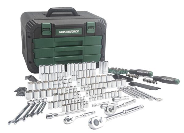 Masterforce Control Drive SAE Metric Mechanic s Tool Set - 220 Piece All Masterforce® mechanics hand tools are designed for optimum strength and durability and manufactured to meet or exceed ANSI torque performance specifications. A full polished chrome finish provides long-lasting corrosion resistance. Dimensions 17.50 H x 12.75 W x 11.00 D Weight 29.25 lbs Drive Size 1/2 inch, 1/4 inch, 3/8 inch Socket Type Standard, Deep, Hex Bit System of Measurement SAE & Metric Listing Agency Standards Meets or Exceeds A.N.S.I. load specifications Material Chrome Vanadium Steel Contact Points 12, 6 Set includes 3 ratchets, 48-1/4" drive deep and standard SAE and metric sockets, 44-3/8" drive deep and standard SAE and metric sockets, 15-1/2" drive deep and standard SAE and metric sockets, 2 spark plug sockets, 10 standard combination wrenches, 4 extensions, 40 hex keys, 1 spinner handle, and 1 magnetic bit driver with 51 screwdriver and nut driver bits 12-point design provides added torque while preventing fastener damage Wrenches feature a 15° offset box end angle, providing clearance and increased leverage Magnetic bit driver with 40 bits covers the most commonly used screws and bit fasteners Precision forged from chrome vanadium steel for optimum strength and durability Large laser-etched callouts for clear and pronounced size identification Organized in a fitted blow molded case for easy transport and storage Removable pins on blow molded case create a hinge feature for convenient storage Control-Drive® for maximum torque with less chance of fastener head rounding