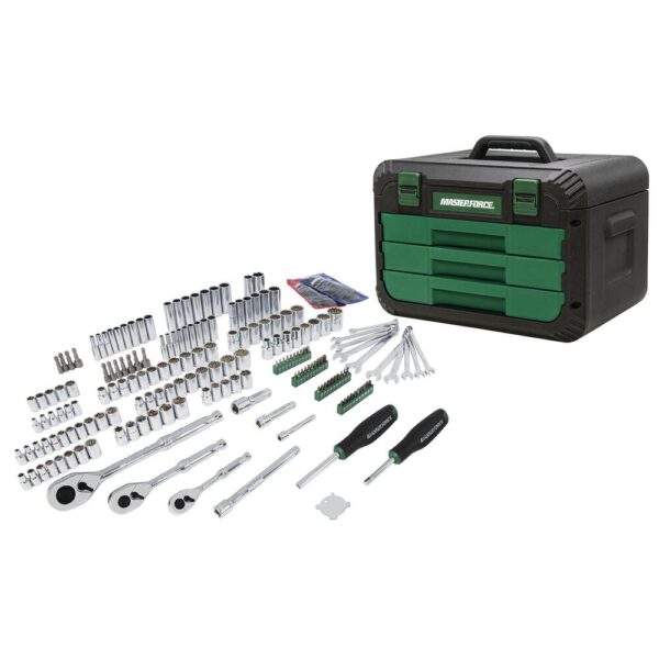 Masterforce Control Drive SAE Metric Mechanic s Tool Set - 220 Piece All Masterforce® mechanics hand tools are designed for optimum strength and durability and manufactured to meet or exceed ANSI torque performance specifications. A full polished chrome finish provides long-lasting corrosion resistance. Dimensions 17.50 H x 12.75 W x 11.00 D Weight 29.25 lbs Drive Size 1/2 inch, 1/4 inch, 3/8 inch Socket Type Standard, Deep, Hex Bit System of Measurement SAE & Metric Listing Agency Standards Meets or Exceeds A.N.S.I. load specifications Material Chrome Vanadium Steel Contact Points 12, 6 Set includes 3 ratchets, 48-1/4" drive deep and standard SAE and metric sockets, 44-3/8" drive deep and standard SAE and metric sockets, 15-1/2" drive deep and standard SAE and metric sockets, 2 spark plug sockets, 10 standard combination wrenches, 4 extensions, 40 hex keys, 1 spinner handle, and 1 magnetic bit driver with 51 screwdriver and nut driver bits 12-point design provides added torque while preventing fastener damage Wrenches feature a 15° offset box end angle, providing clearance and increased leverage Magnetic bit driver with 40 bits covers the most commonly used screws and bit fasteners Precision forged from chrome vanadium steel for optimum strength and durability Large laser-etched callouts for clear and pronounced size identification Organized in a fitted blow molded case for easy transport and storage Removable pins on blow molded case create a hinge feature for convenient storage Control-Drive® for maximum torque with less chance of fastener head rounding