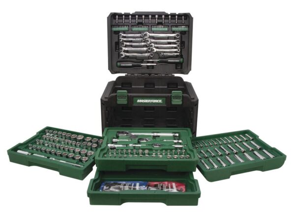 Masterforce Control Drive SAE Metric Mechanic s Tool Set - 220 Piece All Masterforce® mechanics hand tools are designed for optimum strength and durability and manufactured to meet or exceed ANSI torque performance specifications. A full polished chrome finish provides long-lasting corrosion resistance. Dimensions 17.50 H x 12.75 W x 11.00 D Weight 29.25 lbs Drive Size 1/2 inch, 1/4 inch, 3/8 inch Socket Type Standard, Deep, Hex Bit System of Measurement SAE & Metric Listing Agency Standards Meets or Exceeds A.N.S.I. load specifications Material Chrome Vanadium Steel Contact Points 12, 6 Set includes 3 ratchets, 48-1/4" drive deep and standard SAE and metric sockets, 44-3/8" drive deep and standard SAE and metric sockets, 15-1/2" drive deep and standard SAE and metric sockets, 2 spark plug sockets, 10 standard combination wrenches, 4 extensions, 40 hex keys, 1 spinner handle, and 1 magnetic bit driver with 51 screwdriver and nut driver bits 12-point design provides added torque while preventing fastener damage Wrenches feature a 15° offset box end angle, providing clearance and increased leverage Magnetic bit driver with 40 bits covers the most commonly used screws and bit fasteners Precision forged from chrome vanadium steel for optimum strength and durability Large laser-etched callouts for clear and pronounced size identification Organized in a fitted blow molded case for easy transport and storage Removable pins on blow molded case create a hinge feature for convenient storage Control-Drive® for maximum torque with less chance of fastener head rounding