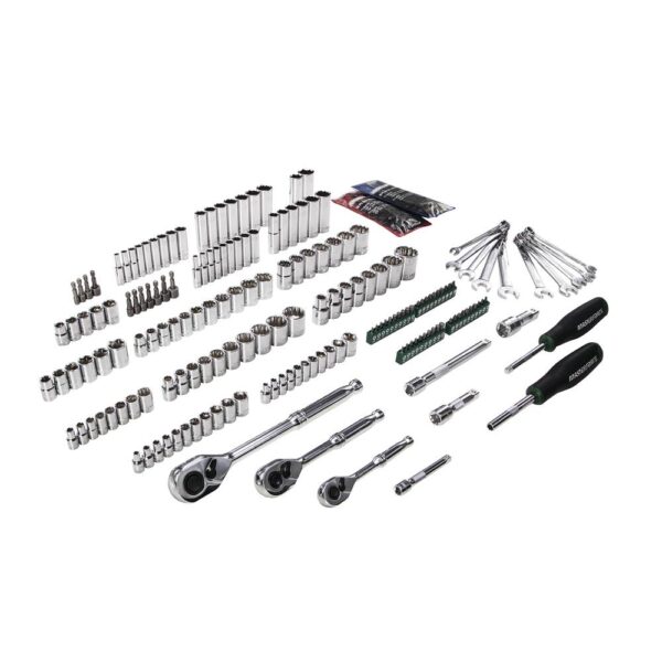 Masterforce Control Drive SAE Metric Mechanic s Tool Set - 220 Piece All Masterforce® mechanics hand tools are designed for optimum strength and durability and manufactured to meet or exceed ANSI torque performance specifications. A full polished chrome finish provides long-lasting corrosion resistance. Dimensions 17.50 H x 12.75 W x 11.00 D Weight 29.25 lbs Drive Size 1/2 inch, 1/4 inch, 3/8 inch Socket Type Standard, Deep, Hex Bit System of Measurement SAE & Metric Listing Agency Standards Meets or Exceeds A.N.S.I. load specifications Material Chrome Vanadium Steel Contact Points 12, 6 Set includes 3 ratchets, 48-1/4" drive deep and standard SAE and metric sockets, 44-3/8" drive deep and standard SAE and metric sockets, 15-1/2" drive deep and standard SAE and metric sockets, 2 spark plug sockets, 10 standard combination wrenches, 4 extensions, 40 hex keys, 1 spinner handle, and 1 magnetic bit driver with 51 screwdriver and nut driver bits 12-point design provides added torque while preventing fastener damage Wrenches feature a 15° offset box end angle, providing clearance and increased leverage Magnetic bit driver with 40 bits covers the most commonly used screws and bit fasteners Precision forged from chrome vanadium steel for optimum strength and durability Large laser-etched callouts for clear and pronounced size identification Organized in a fitted blow molded case for easy transport and storage Removable pins on blow molded case create a hinge feature for convenient storage Control-Drive® for maximum torque with less chance of fastener head rounding