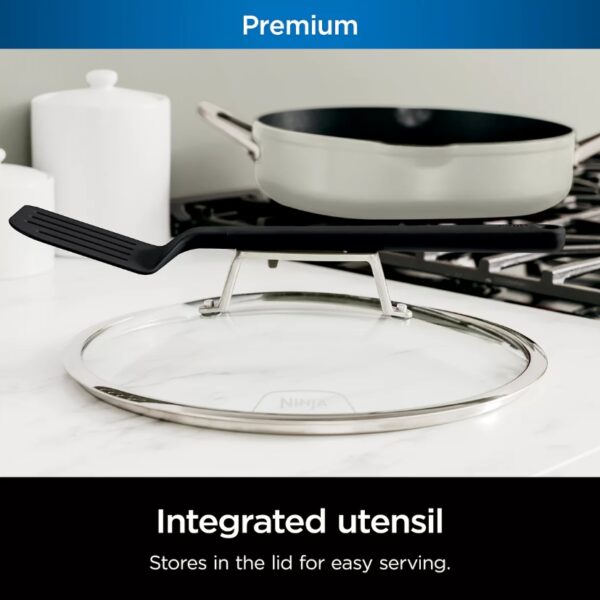 Ninja Foodi NeverStick PossiblePan 4-qt. Pan Your new 4-quart go-to pan replaces 12 cooking tools, including a stainless-steel fry pan, nonstick fry pan, sauté pan, skillet, saucier, saucepan, steamer, strainer, spatula, cast iron skillet, roasting pan, and baking dish. Easily go from stovetop to oven to table with a pan that’s compatible with all cooktops, oven safe up to 500°F so you can bake like cast iron, and designed to double as a serving dish. Integrated utensil conveniently stores on the lid and is tailor-made to match the curvature of the pan to make scraping, scooping, and serving easy. Integrated stainless-steel steamer and strainer basket can steam veggies and dumplings, and doubles as a strainer for pasta thanks to the pan’s convenient pour spout and ergonomic handles. Durable forged aluminum design quickly distributes and retains heat for excellent searing and perfect results every time. Ninja Foodi NeverStick PossiblePan won't stick, chip, or flake. Super-heated at 30,000°F, plasma ceramic particles are fused to the pan’s surface, creating a super-hard, surface that interlocks with our exclusive coating for a superior bond. NeverStick Technology is an exclusive nonstick coating that delivers easy food release day after day without sticking. NeverStick interior enables you to quickly wipe away messes and is dishwasher safe for easy cleaning. Made with only FDA-approved food-safe materials. Free of PFOA, cadmium, and lead. Compatible with gas, electric, glass ceramic, and induction stovetops. WHAT'S INCLUDED 4-qt. PossiblePan, integrated stainless steel steamer/strainer basket, 11-in. glass lid, integrated detachable spatula & user/recipe guides