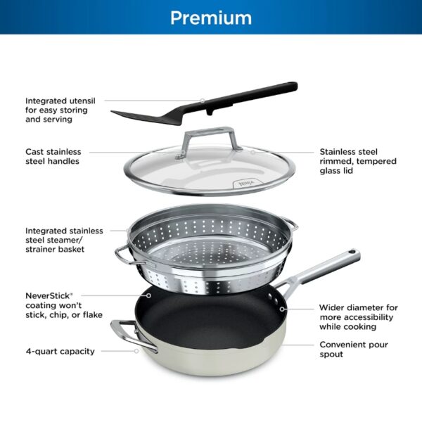 Ninja Foodi NeverStick PossiblePan 4-qt. Pan Your new 4-quart go-to pan replaces 12 cooking tools, including a stainless-steel fry pan, nonstick fry pan, sauté pan, skillet, saucier, saucepan, steamer, strainer, spatula, cast iron skillet, roasting pan, and baking dish. Easily go from stovetop to oven to table with a pan that’s compatible with all cooktops, oven safe up to 500°F so you can bake like cast iron, and designed to double as a serving dish. Integrated utensil conveniently stores on the lid and is tailor-made to match the curvature of the pan to make scraping, scooping, and serving easy. Integrated stainless-steel steamer and strainer basket can steam veggies and dumplings, and doubles as a strainer for pasta thanks to the pan’s convenient pour spout and ergonomic handles. Durable forged aluminum design quickly distributes and retains heat for excellent searing and perfect results every time. Ninja Foodi NeverStick PossiblePan won't stick, chip, or flake. Super-heated at 30,000°F, plasma ceramic particles are fused to the pan’s surface, creating a super-hard, surface that interlocks with our exclusive coating for a superior bond. NeverStick Technology is an exclusive nonstick coating that delivers easy food release day after day without sticking. NeverStick interior enables you to quickly wipe away messes and is dishwasher safe for easy cleaning. Made with only FDA-approved food-safe materials. Free of PFOA, cadmium, and lead. Compatible with gas, electric, glass ceramic, and induction stovetops. WHAT'S INCLUDED 4-qt. PossiblePan, integrated stainless steel steamer/strainer basket, 11-in. glass lid, integrated detachable spatula & user/recipe guides
