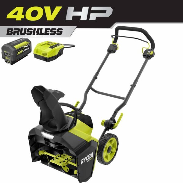 RYOBI 40V HP Brushless 18 in. Single-Stage Cordless Electric Snow Blower with 6.0 Ah Battery and Charger Take charge this winter with the RYOBI 40V HP Brushless 18 in. Snow Blower. Combining the convenience of cordless with a powerful brushless motor this snow blower delivers instant power at the push of a button. Powered by a 40V battery, you can clear a path of snow 18 in wide and up to 10 in deep without the hassle or maintenance of gas. Easily adjust the 180° directional chute to control where snow is thrown up to a 25 ft. throw distance. The LED lightbar increases visibility so snow can be cleared any time of day. When the job is done, use the folding handles to conveniently store the snow blower. This snow blower comes with a 40V 6.0 Ah battery and 40V Charger compatible with 75+ RYOBI 40V products. The RYOBI 40V HP Brushless 18 in. Snow Blower is backed by a 5-year limited tool warranty and 3-year limited battery warranty. Brushless motor for added performance 18 in. clearing width & 10 in. clearing depth Rubber metal auger for increased durability Throws snow up to 25 ft. away 180° directional chute for controlled snow throwing Hassle free push-button start LED lightbar for increased visibility Includes 40V 6.0 Ah battery and 40V charger Compatible with all RYOBI 40V batteries and chargers