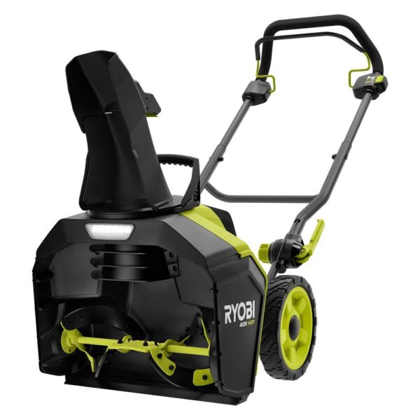 RYOBI 40V HP Brushless 18 in. Single-Stage Cordless Electric Snow Blower with 6.0 Ah Battery and Charger Take charge this winter with the RYOBI 40V HP Brushless 18 in. Snow Blower. Combining the convenience of cordless with a powerful brushless motor this snow blower delivers instant power at the push of a button. Powered by a 40V battery, you can clear a path of snow 18 in wide and up to 10 in deep without the hassle or maintenance of gas. Easily adjust the 180° directional chute to control where snow is thrown up to a 25 ft. throw distance. The LED lightbar increases visibility so snow can be cleared any time of day. When the job is done, use the folding handles to conveniently store the snow blower. This snow blower comes with a 40V 6.0 Ah battery and 40V Charger compatible with 75+ RYOBI 40V products. The RYOBI 40V HP Brushless 18 in. Snow Blower is backed by a 5-year limited tool warranty and 3-year limited battery warranty. Brushless motor for added performance 18 in. clearing width & 10 in. clearing depth Rubber metal auger for increased durability Throws snow up to 25 ft. away 180° directional chute for controlled snow throwing Hassle free push-button start LED lightbar for increased visibility Includes 40V 6.0 Ah battery and 40V charger Compatible with all RYOBI 40V batteries and chargers