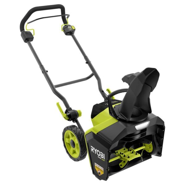 RYOBI 40V HP Brushless 18 in. Single-Stage Cordless Electric Snow Blower with 6.0 Ah Battery and Charger Take charge this winter with the RYOBI 40V HP Brushless 18 in. Snow Blower. Combining the convenience of cordless with a powerful brushless motor this snow blower delivers instant power at the push of a button. Powered by a 40V battery, you can clear a path of snow 18 in wide and up to 10 in deep without the hassle or maintenance of gas. Easily adjust the 180° directional chute to control where snow is thrown up to a 25 ft. throw distance. The LED lightbar increases visibility so snow can be cleared any time of day. When the job is done, use the folding handles to conveniently store the snow blower. This snow blower comes with a 40V 6.0 Ah battery and 40V Charger compatible with 75+ RYOBI 40V products. The RYOBI 40V HP Brushless 18 in. Snow Blower is backed by a 5-year limited tool warranty and 3-year limited battery warranty. Brushless motor for added performance 18 in. clearing width & 10 in. clearing depth Rubber metal auger for increased durability Throws snow up to 25 ft. away 180° directional chute for controlled snow throwing Hassle free push-button start LED lightbar for increased visibility Includes 40V 6.0 Ah battery and 40V charger Compatible with all RYOBI 40V batteries and chargers