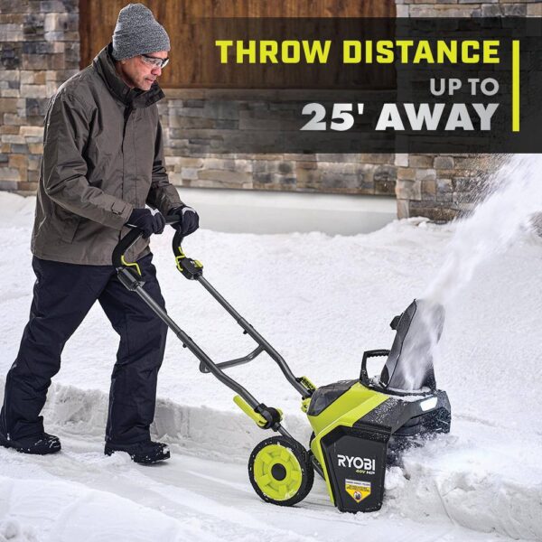 RYOBI 40V HP Brushless 18 in. Single-Stage Cordless Electric Snow Blower with 6.0 Ah Battery and Charger Take charge this winter with the RYOBI 40V HP Brushless 18 in. Snow Blower. Combining the convenience of cordless with a powerful brushless motor this snow blower delivers instant power at the push of a button. Powered by a 40V battery, you can clear a path of snow 18 in wide and up to 10 in deep without the hassle or maintenance of gas. Easily adjust the 180° directional chute to control where snow is thrown up to a 25 ft. throw distance. The LED lightbar increases visibility so snow can be cleared any time of day. When the job is done, use the folding handles to conveniently store the snow blower. This snow blower comes with a 40V 6.0 Ah battery and 40V Charger compatible with 75+ RYOBI 40V products. The RYOBI 40V HP Brushless 18 in. Snow Blower is backed by a 5-year limited tool warranty and 3-year limited battery warranty. Brushless motor for added performance 18 in. clearing width & 10 in. clearing depth Rubber metal auger for increased durability Throws snow up to 25 ft. away 180° directional chute for controlled snow throwing Hassle free push-button start LED lightbar for increased visibility Includes 40V 6.0 Ah battery and 40V charger Compatible with all RYOBI 40V batteries and chargers
