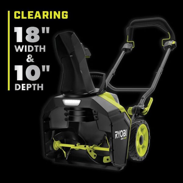 RYOBI 40V HP Brushless 18 in. Single-Stage Cordless Electric Snow Blower with 6.0 Ah Battery and Charger Take charge this winter with the RYOBI 40V HP Brushless 18 in. Snow Blower. Combining the convenience of cordless with a powerful brushless motor this snow blower delivers instant power at the push of a button. Powered by a 40V battery, you can clear a path of snow 18 in wide and up to 10 in deep without the hassle or maintenance of gas. Easily adjust the 180° directional chute to control where snow is thrown up to a 25 ft. throw distance. The LED lightbar increases visibility so snow can be cleared any time of day. When the job is done, use the folding handles to conveniently store the snow blower. This snow blower comes with a 40V 6.0 Ah battery and 40V Charger compatible with 75+ RYOBI 40V products. The RYOBI 40V HP Brushless 18 in. Snow Blower is backed by a 5-year limited tool warranty and 3-year limited battery warranty. Brushless motor for added performance 18 in. clearing width & 10 in. clearing depth Rubber metal auger for increased durability Throws snow up to 25 ft. away 180° directional chute for controlled snow throwing Hassle free push-button start LED lightbar for increased visibility Includes 40V 6.0 Ah battery and 40V charger Compatible with all RYOBI 40V batteries and chargers