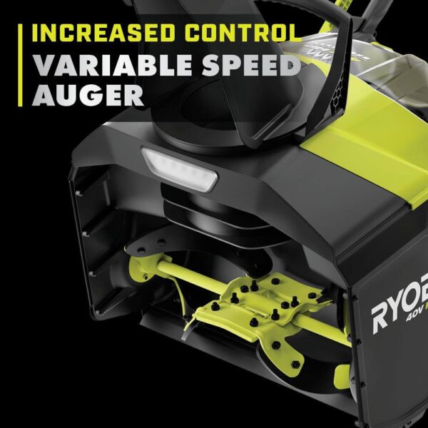 RYOBI 40V HP Brushless 18 in. Single-Stage Cordless Electric Snow Blower with 6.0 Ah Battery and Charger Take charge this winter with the RYOBI 40V HP Brushless 18 in. Snow Blower. Combining the convenience of cordless with a powerful brushless motor this snow blower delivers instant power at the push of a button. Powered by a 40V battery, you can clear a path of snow 18 in wide and up to 10 in deep without the hassle or maintenance of gas. Easily adjust the 180° directional chute to control where snow is thrown up to a 25 ft. throw distance. The LED lightbar increases visibility so snow can be cleared any time of day. When the job is done, use the folding handles to conveniently store the snow blower. This snow blower comes with a 40V 6.0 Ah battery and 40V Charger compatible with 75+ RYOBI 40V products. The RYOBI 40V HP Brushless 18 in. Snow Blower is backed by a 5-year limited tool warranty and 3-year limited battery warranty. Brushless motor for added performance 18 in. clearing width & 10 in. clearing depth Rubber metal auger for increased durability Throws snow up to 25 ft. away 180° directional chute for controlled snow throwing Hassle free push-button start LED lightbar for increased visibility Includes 40V 6.0 Ah battery and 40V charger Compatible with all RYOBI 40V batteries and chargers