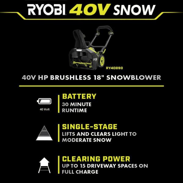 RYOBI 40V HP Brushless 18 in. Single-Stage Cordless Electric Snow Blower with 6.0 Ah Battery and Charger Take charge this winter with the RYOBI 40V HP Brushless 18 in. Snow Blower. Combining the convenience of cordless with a powerful brushless motor this snow blower delivers instant power at the push of a button. Powered by a 40V battery, you can clear a path of snow 18 in wide and up to 10 in deep without the hassle or maintenance of gas. Easily adjust the 180° directional chute to control where snow is thrown up to a 25 ft. throw distance. The LED lightbar increases visibility so snow can be cleared any time of day. When the job is done, use the folding handles to conveniently store the snow blower. This snow blower comes with a 40V 6.0 Ah battery and 40V Charger compatible with 75+ RYOBI 40V products. The RYOBI 40V HP Brushless 18 in. Snow Blower is backed by a 5-year limited tool warranty and 3-year limited battery warranty. Brushless motor for added performance 18 in. clearing width & 10 in. clearing depth Rubber metal auger for increased durability Throws snow up to 25 ft. away 180° directional chute for controlled snow throwing Hassle free push-button start LED lightbar for increased visibility Includes 40V 6.0 Ah battery and 40V charger Compatible with all RYOBI 40V batteries and chargers