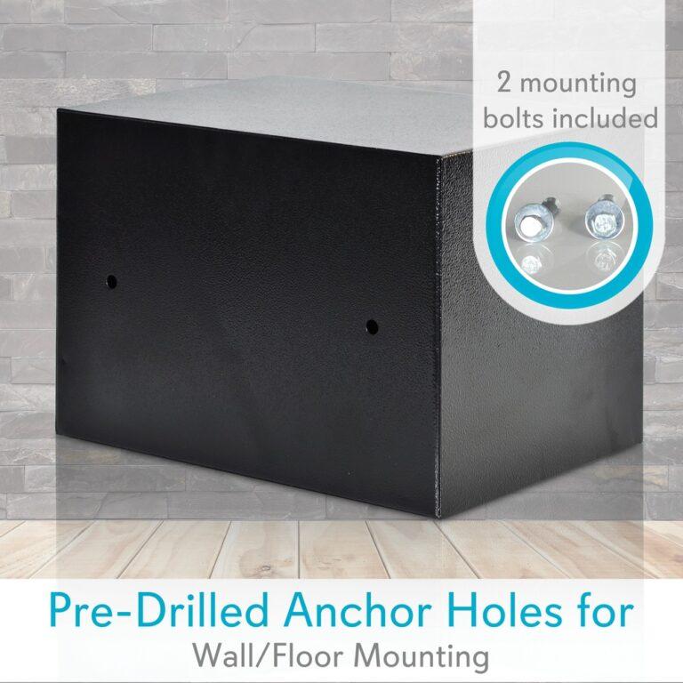 Serene Life Fireproof Electronic Safe Box (12.2 Inch) Heavy-duty, rugged and reliable safe Ideal for home, office, or business use Electronic lock system with mechanical override Manual safe access with provided keys Battery-operated digital touch button control pad Customizable password/key code setting Made from engineered steel alloy Steel thickness: 3 mm door and 2 mm body Reinforced solid steel wall construction Dual security steel door locking bolts Corrosion- and stain-resistant powder coat finish Pre-drilled anchor holes for wall/floor mounting LED low battery indicator Includes mounting bolts, 2 AA batteries, and 2 keys Requires 4 AA batteries for digital panel Dimensions: 12.2 in. L x 7.8 in. W x 7.8 in. H