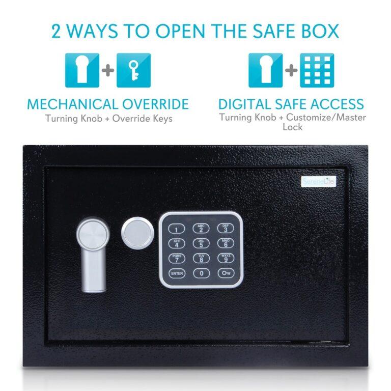 Serene Life Fireproof Electronic Safe Box (12.2 Inch) Heavy-duty, rugged and reliable safe Ideal for home, office, or business use Electronic lock system with mechanical override Manual safe access with provided keys Battery-operated digital touch button control pad Customizable password/key code setting Made from engineered steel alloy Steel thickness: 3 mm door and 2 mm body Reinforced solid steel wall construction Dual security steel door locking bolts Corrosion- and stain-resistant powder coat finish Pre-drilled anchor holes for wall/floor mounting LED low battery indicator Includes mounting bolts, 2 AA batteries, and 2 keys Requires 4 AA batteries for digital panel Dimensions: 12.2 in. L x 7.8 in. W x 7.8 in. H