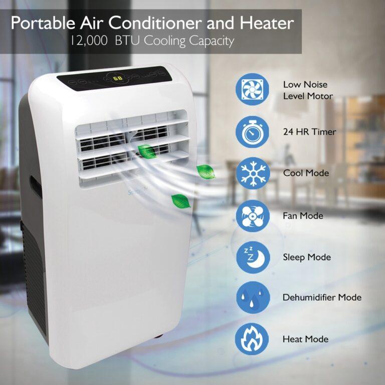 Serene Life Portable Room Air Conditioner and Heater (12,000 BTU) Handy and portable Built-in dehumidifier 4 operating modes Ideal for year-round use Includes AC unit, exhaust hose, window installation plate, and digital remote control Removes moisture at 1.8 liters per hour Operating noise: 56 to 59 dBa Covers a room with cold air up to 450 sq. ft. 12,000 BTU