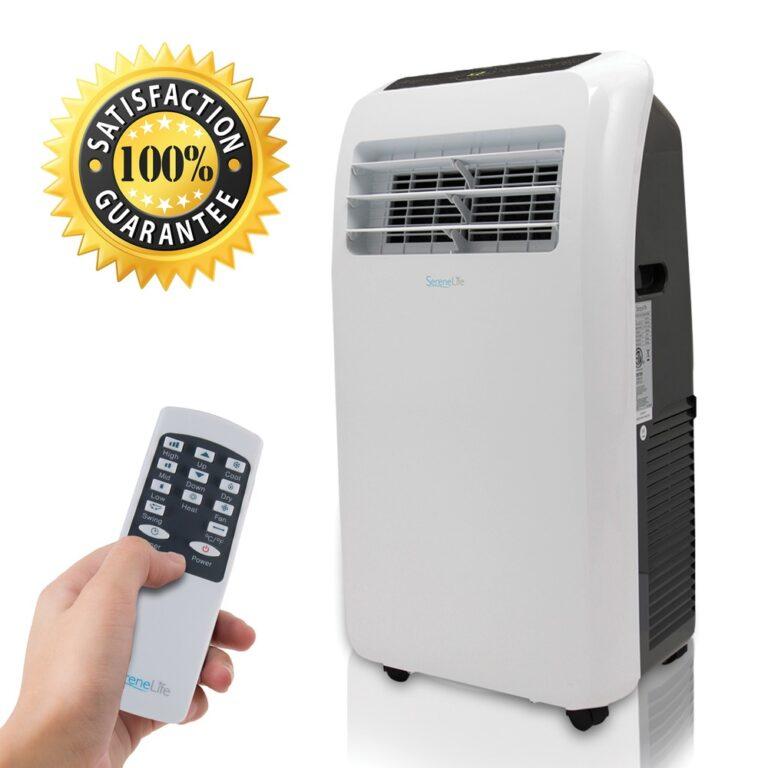 Serene Life Portable Room Air Conditioner and Heater (12,000 BTU) Handy and portable Built-in dehumidifier 4 operating modes Ideal for year-round use Includes AC unit, exhaust hose, window installation plate, and digital remote control Removes moisture at 1.8 liters per hour Operating noise: 56 to 59 dBa Covers a room with cold air up to 450 sq. ft. 12,000 BTU