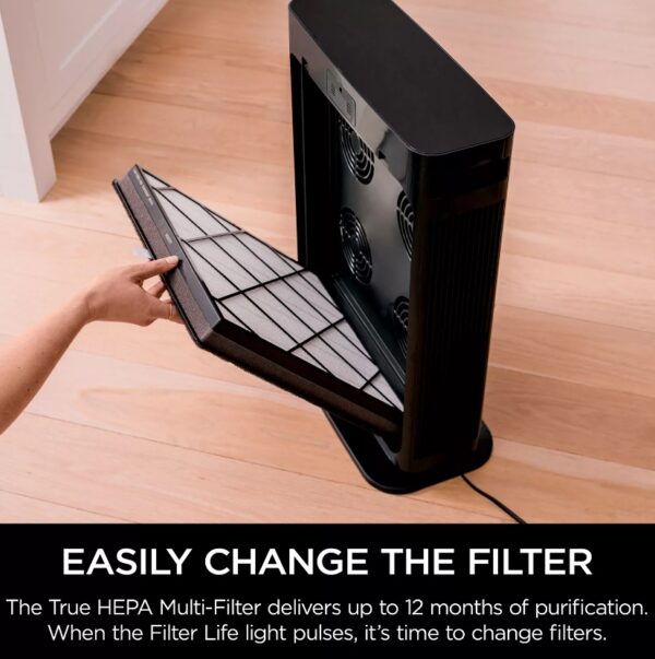 Shark Air Purifier 4 True HEPA with Advanced Odor and Fumes Lock The Shark™ Air Purifier 4 with Anti-Allergen Multi-Filter uses Clean Sense IQ™ technology to constantly track air quality & auto-adjust power. It purifies the air with 4 powerful fans and anti-allergen HEPA filtration with advanced odor protection. Four high-speed micro-fans work together to evenly distribute airflow across the filter and provide a remarkably quiet clean, and incredibly fast clean air delivery rate. Clean Sense IQ™ tracks air quality and auto-adjusts to constantly maintain clean air in your home. The easy-to-use control panel displays data in real time. The Shark™ Air Purifier 4-Fan NANOSEAL™ Filter with true HEPA and Advanced Odor Lock & Fumes Lock captures 99.98% of large, small, & micro sized particles from the air and is equipped with carbon for heightened protection against household odors (cooking, cleaning products, & more), VOCs, and fumes such as formaldehyde found in plants, furniture, and flooring. Shark’s revolutionary 4-fan technology combines with a real time feedback display to give you clarity and confidence in the air you breathe. The four fans working together in tandem generate the power to purify up to 1,000 square feet evenly distributing airflow across the filter. An easy-to-use remote gives you complete control from up to 15 feet away. Assembled Size  17"L x .8.89" W x 24.29" H 120 volts Charcoal Gray LED dual display Touch screen 4 settings Filter with true HEPA captures 99.98% of large, small, & micro-sized particles 4 high-speed micro-fans work together to evenly distribute airflow Advanced odor guard protects against household odors Four high-speed fans provide a remarkably quiet clean Clean Sense IQ™ tracks air quality and auto-adjusts to maintain clean air