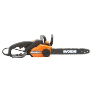 Worx 16 in. 14.5 Amp Electric Chainsaw The powerful 16" 14.5 Amp Electric Chainsaw is packed with modern conveniences that make it easy to use. The auto-tensioning and auto-lubrication systems make sure this saw is always in peak operating condition. These features provide the user with a perfectly tightened and well-oiled chain, which not only significantly increases the cutting efficiency, but also extends the life of the tool. And the built-in oil tank has a window, so you can see just how much oil you have left. The chain brake shuts the chain down quickly when you need it to. The metal spike bumper grabs into the wood so you have a safer, smoother cut. And the specially designed full-wrap front handle and rear rubber grip give you options to find a comfortable hand-hold. This saw has a 14" cord. The extension cord holder keeps them out of the way and lets you unravel more as you need to. And it's only 11 lbs without the oil, so anyone can carry it around the yard and use it for long periods. The 14.5 Amp motor uses a 120V~60 Hz power supply and spins the chain at 32 ft/s. The 16" chain will fell a standing tree of 16" in diameter and easily cut up a 30" log that is already on the ground. That chain has 57 links, and a pitch of 3/8", and a gauge of 0.05". This is a rugged chainsaw, made so that anyone can tackle backyard projects with confidence. Use and Care Manual Here Parts Replacement List Here [AUTO-TENSION] Patented system prevents over-tightening and increases the life of the motor, bar, and chain [AUTO-LUBRICATION] Keeps the chain running smooth and fast around the bar at 32 ft/s. And the oil-level indicator lets you know when you need to refill [CHAIN BRAKE] Prevent accidental cutting with the quick-stop chain break. One of the many features that makes this a safer chainsaw [FULL-WRAP HANDLE] The ergonomic front handle gives you leverage for both vertical and horizontal cutting. Find a grip that works for you [DO IT YOURSELF. DO IT BETTER. DO IT WITH WORX.] WORX tools are engineered with cutting-edge technology, and above modern efficiency standards, so you can build a cost-effective tool collection that's been designed to last [RUBBERIZED REAR HANDLE] The over-mold grip gives you superb control of the saw, and is comfortable enough so you can work for long periods without getting tired [METAL SPIKE BUMPER] Grips the wood, prevents kick-back, gives you leverage for more controlled, easier cutting [INCLUDES] 16" 14.5 Amp Chainsaw, Bar & Chain Sheath Includes chain, blade protection cover, lubrication oil and chain bar Protected by a 3-year limited warranty