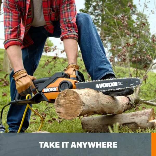 Worx 16 in. 14.5 Amp Electric Chainsaw The powerful 16" 14.5 Amp Electric Chainsaw is packed with modern conveniences that make it easy to use. The auto-tensioning and auto-lubrication systems make sure this saw is always in peak operating condition. These features provide the user with a perfectly tightened and well-oiled chain, which not only significantly increases the cutting efficiency, but also extends the life of the tool. And the built-in oil tank has a window, so you can see just how much oil you have left. The chain brake shuts the chain down quickly when you need it to. The metal spike bumper grabs into the wood so you have a safer, smoother cut. And the specially designed full-wrap front handle and rear rubber grip give you options to find a comfortable hand-hold. This saw has a 14" cord. The extension cord holder keeps them out of the way and lets you unravel more as you need to. And it's only 11 lbs without the oil, so anyone can carry it around the yard and use it for long periods. The 14.5 Amp motor uses a 120V~60 Hz power supply and spins the chain at 32 ft/s. The 16" chain will fell a standing tree of 16" in diameter and easily cut up a 30" log that is already on the ground. That chain has 57 links, and a pitch of 3/8", and a gauge of 0.05". This is a rugged chainsaw, made so that anyone can tackle backyard projects with confidence. Use and Care Manual Here Parts Replacement List Here [AUTO-TENSION] Patented system prevents over-tightening and increases the life of the motor, bar, and chain [AUTO-LUBRICATION] Keeps the chain running smooth and fast around the bar at 32 ft/s. And the oil-level indicator lets you know when you need to refill [CHAIN BRAKE] Prevent accidental cutting with the quick-stop chain break. One of the many features that makes this a safer chainsaw [FULL-WRAP HANDLE] The ergonomic front handle gives you leverage for both vertical and horizontal cutting. Find a grip that works for you [DO IT YOURSELF. DO IT BETTER. DO IT WITH WORX.] WORX tools are engineered with cutting-edge technology, and above modern efficiency standards, so you can build a cost-effective tool collection that's been designed to last [RUBBERIZED REAR HANDLE] The over-mold grip gives you superb control of the saw, and is comfortable enough so you can work for long periods without getting tired [METAL SPIKE BUMPER] Grips the wood, prevents kick-back, gives you leverage for more controlled, easier cutting [INCLUDES] 16" 14.5 Amp Chainsaw, Bar & Chain Sheath Includes chain, blade protection cover, lubrication oil and chain bar Protected by a 3-year limited warranty