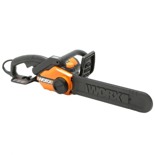 Worx 16 in. 14.5 Amp Electric Chainsaw The powerful 16" 14.5 Amp Electric Chainsaw is packed with modern conveniences that make it easy to use. The auto-tensioning and auto-lubrication systems make sure this saw is always in peak operating condition. These features provide the user with a perfectly tightened and well-oiled chain, which not only significantly increases the cutting efficiency, but also extends the life of the tool. And the built-in oil tank has a window, so you can see just how much oil you have left. The chain brake shuts the chain down quickly when you need it to. The metal spike bumper grabs into the wood so you have a safer, smoother cut. And the specially designed full-wrap front handle and rear rubber grip give you options to find a comfortable hand-hold. This saw has a 14" cord. The extension cord holder keeps them out of the way and lets you unravel more as you need to. And it's only 11 lbs without the oil, so anyone can carry it around the yard and use it for long periods. The 14.5 Amp motor uses a 120V~60 Hz power supply and spins the chain at 32 ft/s. The 16" chain will fell a standing tree of 16" in diameter and easily cut up a 30" log that is already on the ground. That chain has 57 links, and a pitch of 3/8", and a gauge of 0.05". This is a rugged chainsaw, made so that anyone can tackle backyard projects with confidence. Use and Care Manual Here Parts Replacement List Here [AUTO-TENSION] Patented system prevents over-tightening and increases the life of the motor, bar, and chain [AUTO-LUBRICATION] Keeps the chain running smooth and fast around the bar at 32 ft/s. And the oil-level indicator lets you know when you need to refill [CHAIN BRAKE] Prevent accidental cutting with the quick-stop chain break. One of the many features that makes this a safer chainsaw [FULL-WRAP HANDLE] The ergonomic front handle gives you leverage for both vertical and horizontal cutting. Find a grip that works for you [DO IT YOURSELF. DO IT BETTER. DO IT WITH WORX.] WORX tools are engineered with cutting-edge technology, and above modern efficiency standards, so you can build a cost-effective tool collection that's been designed to last [RUBBERIZED REAR HANDLE] The over-mold grip gives you superb control of the saw, and is comfortable enough so you can work for long periods without getting tired [METAL SPIKE BUMPER] Grips the wood, prevents kick-back, gives you leverage for more controlled, easier cutting [INCLUDES] 16" 14.5 Amp Chainsaw, Bar & Chain Sheath Includes chain, blade protection cover, lubrication oil and chain bar Protected by a 3-year limited warranty