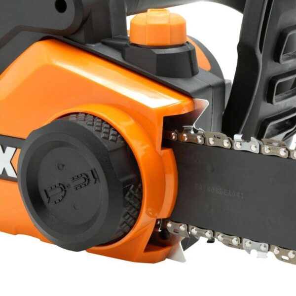 Worx 16 in. 14.5 Amp Electric Chainsaw The powerful 16" 14.5 Amp Electric Chainsaw is packed with modern conveniences that make it easy to use. The auto-tensioning and auto-lubrication systems make sure this saw is always in peak operating condition. These features provide the user with a perfectly tightened and well-oiled chain, which not only significantly increases the cutting efficiency, but also extends the life of the tool. And the built-in oil tank has a window, so you can see just how much oil you have left. The chain brake shuts the chain down quickly when you need it to. The metal spike bumper grabs into the wood so you have a safer, smoother cut. And the specially designed full-wrap front handle and rear rubber grip give you options to find a comfortable hand-hold. This saw has a 14" cord. The extension cord holder keeps them out of the way and lets you unravel more as you need to. And it's only 11 lbs without the oil, so anyone can carry it around the yard and use it for long periods. The 14.5 Amp motor uses a 120V~60 Hz power supply and spins the chain at 32 ft/s. The 16" chain will fell a standing tree of 16" in diameter and easily cut up a 30" log that is already on the ground. That chain has 57 links, and a pitch of 3/8", and a gauge of 0.05". This is a rugged chainsaw, made so that anyone can tackle backyard projects with confidence. Use and Care Manual Here Parts Replacement List Here [AUTO-TENSION] Patented system prevents over-tightening and increases the life of the motor, bar, and chain [AUTO-LUBRICATION] Keeps the chain running smooth and fast around the bar at 32 ft/s. And the oil-level indicator lets you know when you need to refill [CHAIN BRAKE] Prevent accidental cutting with the quick-stop chain break. One of the many features that makes this a safer chainsaw [FULL-WRAP HANDLE] The ergonomic front handle gives you leverage for both vertical and horizontal cutting. Find a grip that works for you [DO IT YOURSELF. DO IT BETTER. DO IT WITH WORX.] WORX tools are engineered with cutting-edge technology, and above modern efficiency standards, so you can build a cost-effective tool collection that's been designed to last [RUBBERIZED REAR HANDLE] The over-mold grip gives you superb control of the saw, and is comfortable enough so you can work for long periods without getting tired [METAL SPIKE BUMPER] Grips the wood, prevents kick-back, gives you leverage for more controlled, easier cutting [INCLUDES] 16" 14.5 Amp Chainsaw, Bar & Chain Sheath Includes chain, blade protection cover, lubrication oil and chain bar Protected by a 3-year limited warranty