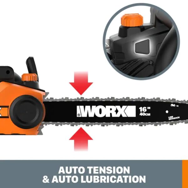 Worx 16 in. 14.5 Amp Electric Chainsaw The powerful 16" 14.5 Amp Electric Chainsaw is packed with modern conveniences that make it easy to use. The auto-tensioning and auto-lubrication systems make sure this saw is always in peak operating condition. These features provide the user with a perfectly tightened and well-oiled chain, which not only significantly increases the cutting efficiency, but also extends the life of the tool. And the built-in oil tank has a window, so you can see just how much oil you have left. The chain brake shuts the chain down quickly when you need it to. The metal spike bumper grabs into the wood so you have a safer, smoother cut. And the specially designed full-wrap front handle and rear rubber grip give you options to find a comfortable hand-hold. This saw has a 14" cord. The extension cord holder keeps them out of the way and lets you unravel more as you need to. And it's only 11 lbs without the oil, so anyone can carry it around the yard and use it for long periods. The 14.5 Amp motor uses a 120V~60 Hz power supply and spins the chain at 32 ft/s. The 16" chain will fell a standing tree of 16" in diameter and easily cut up a 30" log that is already on the ground. That chain has 57 links, and a pitch of 3/8", and a gauge of 0.05". This is a rugged chainsaw, made so that anyone can tackle backyard projects with confidence. Use and Care Manual Here Parts Replacement List Here [AUTO-TENSION] Patented system prevents over-tightening and increases the life of the motor, bar, and chain [AUTO-LUBRICATION] Keeps the chain running smooth and fast around the bar at 32 ft/s. And the oil-level indicator lets you know when you need to refill [CHAIN BRAKE] Prevent accidental cutting with the quick-stop chain break. One of the many features that makes this a safer chainsaw [FULL-WRAP HANDLE] The ergonomic front handle gives you leverage for both vertical and horizontal cutting. Find a grip that works for you [DO IT YOURSELF. DO IT BETTER. DO IT WITH WORX.] WORX tools are engineered with cutting-edge technology, and above modern efficiency standards, so you can build a cost-effective tool collection that's been designed to last [RUBBERIZED REAR HANDLE] The over-mold grip gives you superb control of the saw, and is comfortable enough so you can work for long periods without getting tired [METAL SPIKE BUMPER] Grips the wood, prevents kick-back, gives you leverage for more controlled, easier cutting [INCLUDES] 16" 14.5 Amp Chainsaw, Bar & Chain Sheath Includes chain, blade protection cover, lubrication oil and chain bar Protected by a 3-year limited warranty