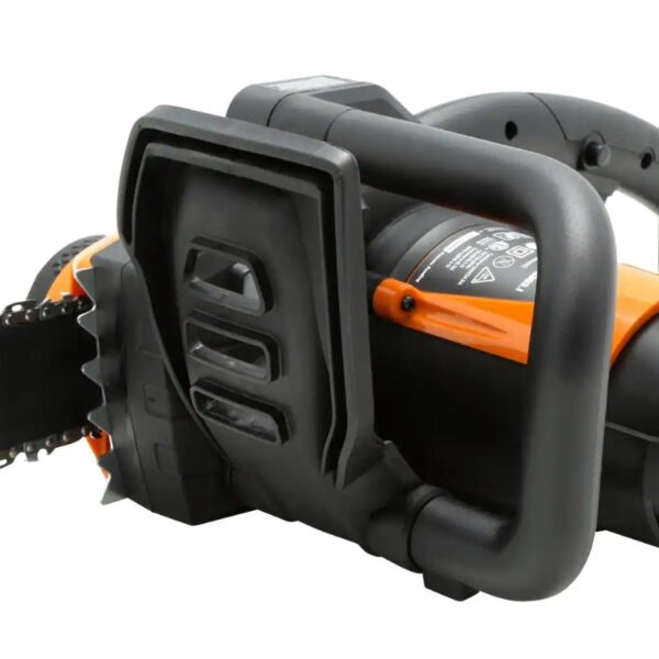 Worx 16 in. 14.5 Amp Electric Chainsaw The powerful 16" 14.5 Amp Electric Chainsaw is packed with modern conveniences that make it easy to use. The auto-tensioning and auto-lubrication systems make sure this saw is always in peak operating condition. These features provide the user with a perfectly tightened and well-oiled chain, which not only significantly increases the cutting efficiency, but also extends the life of the tool. And the built-in oil tank has a window, so you can see just how much oil you have left. The chain brake shuts the chain down quickly when you need it to. The metal spike bumper grabs into the wood so you have a safer, smoother cut. And the specially designed full-wrap front handle and rear rubber grip give you options to find a comfortable hand-hold. This saw has a 14" cord. The extension cord holder keeps them out of the way and lets you unravel more as you need to. And it's only 11 lbs without the oil, so anyone can carry it around the yard and use it for long periods. The 14.5 Amp motor uses a 120V~60 Hz power supply and spins the chain at 32 ft/s. The 16" chain will fell a standing tree of 16" in diameter and easily cut up a 30" log that is already on the ground. That chain has 57 links, and a pitch of 3/8", and a gauge of 0.05". This is a rugged chainsaw, made so that anyone can tackle backyard projects with confidence. Use and Care Manual Here Parts Replacement List Here [AUTO-TENSION] Patented system prevents over-tightening and increases the life of the motor, bar, and chain [AUTO-LUBRICATION] Keeps the chain running smooth and fast around the bar at 32 ft/s. And the oil-level indicator lets you know when you need to refill [CHAIN BRAKE] Prevent accidental cutting with the quick-stop chain break. One of the many features that makes this a safer chainsaw [FULL-WRAP HANDLE] The ergonomic front handle gives you leverage for both vertical and horizontal cutting. Find a grip that works for you [DO IT YOURSELF. DO IT BETTER. DO IT WITH WORX.] WORX tools are engineered with cutting-edge technology, and above modern efficiency standards, so you can build a cost-effective tool collection that's been designed to last [RUBBERIZED REAR HANDLE] The over-mold grip gives you superb control of the saw, and is comfortable enough so you can work for long periods without getting tired [METAL SPIKE BUMPER] Grips the wood, prevents kick-back, gives you leverage for more controlled, easier cutting [INCLUDES] 16" 14.5 Amp Chainsaw, Bar & Chain Sheath Includes chain, blade protection cover, lubrication oil and chain bar Protected by a 3-year limited warranty