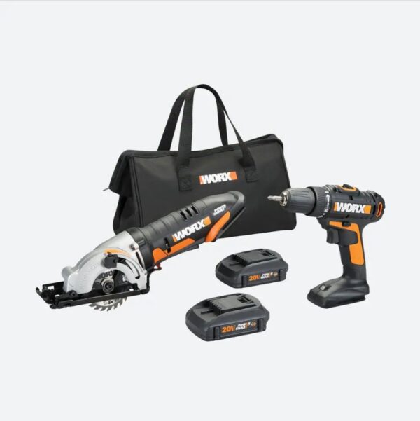 Worx POWER SHARE 20-Volt Cordless 2-Tool Combo Kit with Drill Driver and Circular Worxsaw (2 Batteries and Charger Included) [MUST HAVE FOR DIY-ERS] Powerful and fully-featured drill/driver + a compact and easy-to-use circular saw [265 IN-LBS OF TORQUE] This drill's 15 position clutch allows the user to find just the right way to use all that power, depending on the job [COMFORT & CONTROL] The rubber handle absorbs vibration while adding grip. And at only 3 lbs. in total tool weight, you can drill for a long time without fatigue [SAME BATTERY, EXPANDABLE POWER] The same battery powers over 75+ 20V, 40V, and 80V lifestyle, garden, and power tools in the Power Share family [IDEAL FOR CUTTING SHEET GOODS] A modern saw for modern woodworking and construction. Just grab the Worxsaw and get ripping and plunging [SLIM DESIGN] Lightweight and easy to operate-there's no cord to get tangled-up in or double-back on [QUICK DEPTH ADJUSTMENTS] The lever on the outside of the housing lets you go down to 1-1/16 in., perfect for 1" lumber [INCLUDES] Cordless Drill/Driver (WX101L.9), Cordless Worxsaw (WX523L.9), (2) 1.5Ah Power Share batteries, 5-hour charger, Worx carry bag