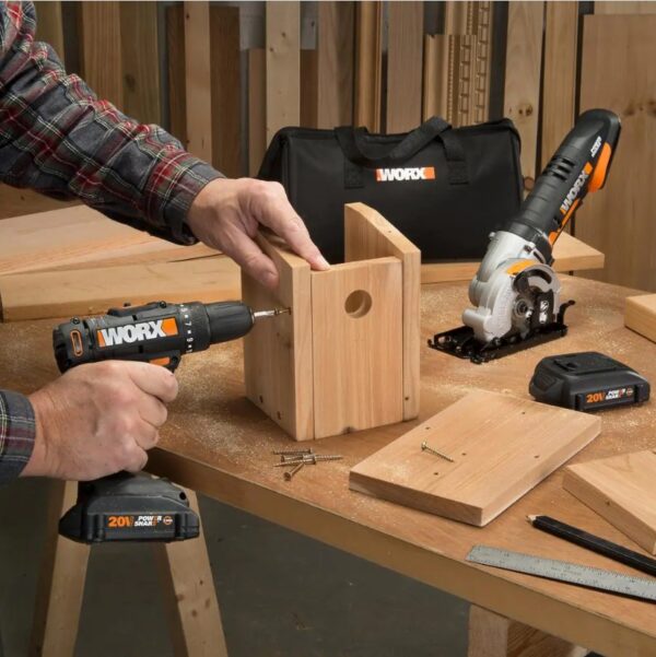 Worx POWER SHARE 20-Volt Cordless 2-Tool Combo Kit with Drill Driver and Circular Worxsaw (2 Batteries and Charger Included) [MUST HAVE FOR DIY-ERS] Powerful and fully-featured drill/driver + a compact and easy-to-use circular saw [265 IN-LBS OF TORQUE] This drill's 15 position clutch allows the user to find just the right way to use all that power, depending on the job [COMFORT & CONTROL] The rubber handle absorbs vibration while adding grip. And at only 3 lbs. in total tool weight, you can drill for a long time without fatigue [SAME BATTERY, EXPANDABLE POWER] The same battery powers over 75+ 20V, 40V, and 80V lifestyle, garden, and power tools in the Power Share family [IDEAL FOR CUTTING SHEET GOODS] A modern saw for modern woodworking and construction. Just grab the Worxsaw and get ripping and plunging [SLIM DESIGN] Lightweight and easy to operate-there's no cord to get tangled-up in or double-back on [QUICK DEPTH ADJUSTMENTS] The lever on the outside of the housing lets you go down to 1-1/16 in., perfect for 1" lumber [INCLUDES] Cordless Drill/Driver (WX101L.9), Cordless Worxsaw (WX523L.9), (2) 1.5Ah Power Share batteries, 5-hour charger, Worx carry bag