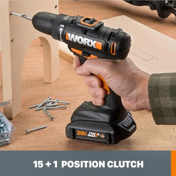 Worx POWER SHARE 20-Volt Cordless 2-Tool Combo Kit with Drill Driver and Circular Worxsaw (2 Batteries and Charger Included) [MUST HAVE FOR DIY-ERS] Powerful and fully-featured drill/driver + a compact and easy-to-use circular saw [265 IN-LBS OF TORQUE] This drill's 15 position clutch allows the user to find just the right way to use all that power, depending on the job [COMFORT & CONTROL] The rubber handle absorbs vibration while adding grip. And at only 3 lbs. in total tool weight, you can drill for a long time without fatigue [SAME BATTERY, EXPANDABLE POWER] The same battery powers over 75+ 20V, 40V, and 80V lifestyle, garden, and power tools in the Power Share family [IDEAL FOR CUTTING SHEET GOODS] A modern saw for modern woodworking and construction. Just grab the Worxsaw and get ripping and plunging [SLIM DESIGN] Lightweight and easy to operate-there's no cord to get tangled-up in or double-back on [QUICK DEPTH ADJUSTMENTS] The lever on the outside of the housing lets you go down to 1-1/16 in., perfect for 1" lumber [INCLUDES] Cordless Drill/Driver (WX101L.9), Cordless Worxsaw (WX523L.9), (2) 1.5Ah Power Share batteries, 5-hour charger, Worx carry bag