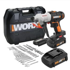 Worx POWER SHARE 20-Volt Switchdriver Cordless 1 4 in. Drill and Driver with 67-Piece Accessory Kit [SWITCH BETWEEN 2 BITS INSTANTLY] No need to stop to change out a bit, just turn the head to cycle between your 2 most useful bits [ELECTRONIC TORQUE CONTROL] Get the perfect amount of torque for the task at hand-prevents stripping, peeling, and damaging the work surface [DO IT ALL WITH THE SAME BATTERY] Worx Power Share is compatible with all Worx 20v and 40v tools, outdoor power and lifestyle products [LED WORK LIGHT] With a headlamp right on the front of the Switchdriver, you can see what you're drilling in dark areas [2-SPEED GEARING] Between the 2 speeds and the 12 torque settings you have enough flexibility to do every common drilling application correctly [1/4" HEX QUICK CHANGE CHUCKS] When you do need that 3rd or 4th bit, the standard chucks accept all regular ¼" bits you find at your neighborhood hardware store [67-PIECE ACCESSORY KIT] Includes 2) 1.5Ah batteries, 1) 5-hour charger, 11)HSS Twist Drill Bits, 5) Spade Wood Drill Bits, 4) Tile Drill Bits, 2) 6" Power Screwdriving Bits, 7) 2" Power Screwdriving Bits, 1) Bit Holder, 17)1" Insert Bits, 3) Nutsetters, 8)SAE Sockets, 8) Metric Sockets, 1) 1/4" Drive Socket Adapter, Blow-molded case