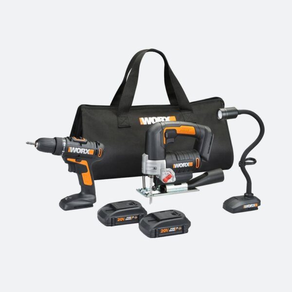 Worx PowerShare 20-Volt 3-Tool Combo Kit with Drill Driver, Jigsaw and Flexible LED Light (2 Batteries and Charger Included) [265 IN-LBS OF TORQUE] The drill has a 15-position clutch to find just the right way to use all that power, depending on the job [COMFORT & CONTROL] The drill's rubber handle absorbs vibration while adding grip. And at only 3 lbs. in total tool weight, you can drill for a long time without fatigue [ORBITAL/PENDULUM FUNCTION] The jigsaw uses a cutting stroke with more efficiency than traditional back-and-forth strokes [SAME BATTERY, EXPANDABLE POWER] The same battery powers over 75+ 20V, 40V, and 80V lifestyle, garden, and power tools in the Power Share family [VARIABLE SPEED CONTROL] Both the drill and jigsaw are capable of variable speeds for controlled cutting on various materials and a wide variety of projects [COMPACT DESIGN] Both the drill and jigsaw have ergonomic form-factors that make them easier to grip and maneuver [360° OF ROTATION] The flexible light has a bendable shaft that helps illuminate small, hard to reach areas [INCLUDES] Cordless Drill/Driver (WX101L.9), Cordless Jigsaw (WX543L.9), Flex Light (WX028L), (2) 20V Power Share batteries, charger, carry bag