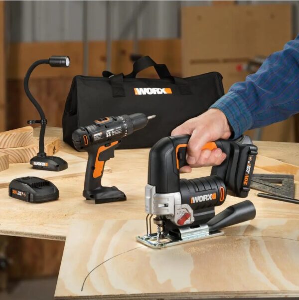 Worx PowerShare 20-Volt 3-Tool Combo Kit with Drill Driver, Jigsaw and Flexible LED Light (2 Batteries and Charger Included) [265 IN-LBS OF TORQUE] The drill has a 15-position clutch to find just the right way to use all that power, depending on the job [COMFORT & CONTROL] The drill's rubber handle absorbs vibration while adding grip. And at only 3 lbs. in total tool weight, you can drill for a long time without fatigue [ORBITAL/PENDULUM FUNCTION] The jigsaw uses a cutting stroke with more efficiency than traditional back-and-forth strokes [SAME BATTERY, EXPANDABLE POWER] The same battery powers over 75+ 20V, 40V, and 80V lifestyle, garden, and power tools in the Power Share family [VARIABLE SPEED CONTROL] Both the drill and jigsaw are capable of variable speeds for controlled cutting on various materials and a wide variety of projects [COMPACT DESIGN] Both the drill and jigsaw have ergonomic form-factors that make them easier to grip and maneuver [360° OF ROTATION] The flexible light has a bendable shaft that helps illuminate small, hard to reach areas [INCLUDES] Cordless Drill/Driver (WX101L.9), Cordless Jigsaw (WX543L.9), Flex Light (WX028L), (2) 20V Power Share batteries, charger, carry bag