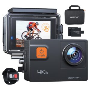 apeman A87 20.0-MP 4K 60-FPS Action Camera 20.0 MP photo with 4K video and 60 FPS; higher FPS means motion appears less blurred; also gives more options for slow motion editing 8x zoom lens (for photo mode) can safely bring action closer for greater creativity Integrates 2 modes: automatic and professional; 6 professional modes adapt to different environmental conditions Sensitivity of 2 in. touch display allows scrolling more easily between various modes and is ideal for quickly shooting, previewing, and playing footage Electronic and gyro stabilization for extremely stable shooting; allow detection and neutralization of involuntary movements; Lens Distortion Correction (LDC) can automatically correct fisheye effect, keeping recordings more faithful to reality App on smartphones or tablets allows full control of camera in real time; integrated Wi-Fi for easy downloading and sharing on social media; HDMI, USB and A/V outputs for connectivity to computers, TVs, and projectors Class 10 microSD Card (not included) highly recommended; supports up to 128 GB Accessories and waterproof case protects the camera, in water, up to 131 ft. (40 m) deep; remote makes it more convenient to use during outdoor activities, such as motorcycling; uniquely designed carrying bag keeps all accessories lightweight and portable for any outdoor sport Includes waterproof case, dustproof cover, USB cable, 2 batteries, frame, long and thumbscrews, a variety of mounts, backpack clip, adhesive pads, release buckles, insurance tether strap, remote with batteries, bandage, and manual