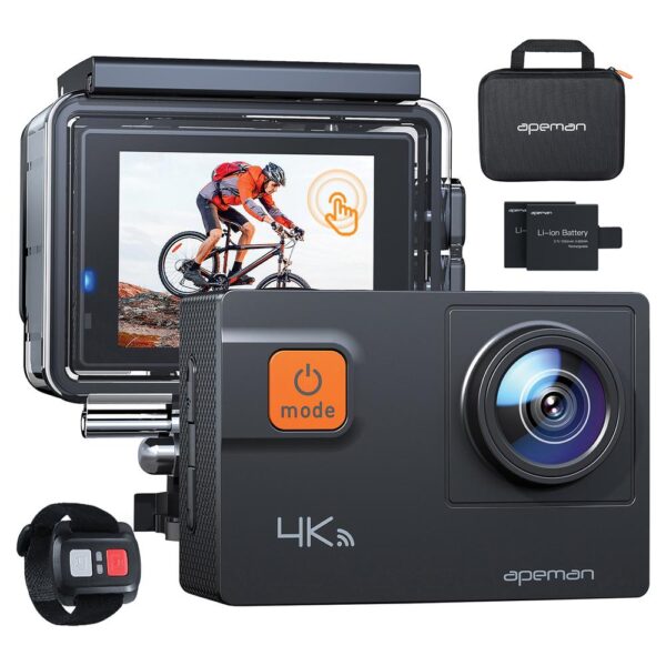 apeman A87 20.0-MP 4K 60-FPS Action Camera 20.0 MP photo with 4K video and 60 FPS; higher FPS means motion appears less blurred; also gives more options for slow motion editing 8x zoom lens (for photo mode) can safely bring action closer for greater creativity Integrates 2 modes: automatic and professional; 6 professional modes adapt to different environmental conditions Sensitivity of 2 in. touch display allows scrolling more easily between various modes and is ideal for quickly shooting, previewing, and playing footage Electronic and gyro stabilization for extremely stable shooting; allow detection and neutralization of involuntary movements; Lens Distortion Correction (LDC) can automatically correct fisheye effect, keeping recordings more faithful to reality App on smartphones or tablets allows full control of camera in real time; integrated Wi-Fi for easy downloading and sharing on social media; HDMI, USB and A/V outputs for connectivity to computers, TVs, and projectors Class 10 microSD Card (not included) highly recommended; supports up to 128 GB Accessories and waterproof case protects the camera, in water, up to 131 ft. (40 m) deep; remote makes it more convenient to use during outdoor activities, such as motorcycling; uniquely designed carrying bag keeps all accessories lightweight and portable for any outdoor sport Includes waterproof case, dustproof cover, USB cable, 2 batteries, frame, long and thumbscrews, a variety of mounts, backpack clip, adhesive pads, release buckles, insurance tether strap, remote with batteries, bandage, and manual