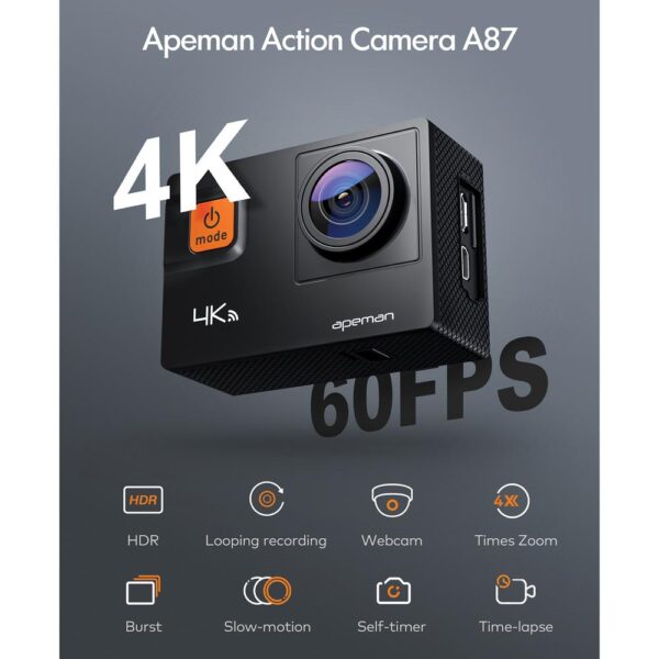 apeman A87 20.0-MP 4K 60-FPS Action Camera 20.0 MP photo with 4K video and 60 FPS; higher FPS means motion appears less blurred; also gives more options for slow motion editing 8x zoom lens (for photo mode) can safely bring action closer for greater creativity Integrates 2 modes: automatic and professional; 6 professional modes adapt to different environmental conditions Sensitivity of 2 in. touch display allows scrolling more easily between various modes and is ideal for quickly shooting, previewing, and playing footage Electronic and gyro stabilization for extremely stable shooting; allow detection and neutralization of involuntary movements; Lens Distortion Correction (LDC) can automatically correct fisheye effect, keeping recordings more faithful to reality App on smartphones or tablets allows full control of camera in real time; integrated Wi-Fi for easy downloading and sharing on social media; HDMI, USB and A/V outputs for connectivity to computers, TVs, and projectors Class 10 microSD Card (not included) highly recommended; supports up to 128 GB Accessories and waterproof case protects the camera, in water, up to 131 ft. (40 m) deep; remote makes it more convenient to use during outdoor activities, such as motorcycling; uniquely designed carrying bag keeps all accessories lightweight and portable for any outdoor sport Includes waterproof case, dustproof cover, USB cable, 2 batteries, frame, long and thumbscrews, a variety of mounts, backpack clip, adhesive pads, release buckles, insurance tether strap, remote with batteries, bandage, and manual