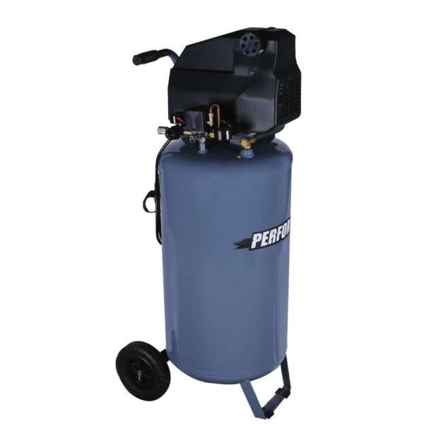 Performax® 26-Gallon 155 PSI Portable Electric Vertical Air Compressor This Performax® air compressor conveniently stores 26 gallons of compressed air in its vertical tank. It features a handle with a grip for easy transport as well as an air filter for enhanced durability. The plastic shroud protects the user from excess heat, and the air pressure regulator adjusts the air pressure to fit the tool being used, allowing you to complete a variety of projects! This air compressor is great for almost all power tools including impact wrenches, spray guns, ratchets, roofing nailers, framing nailers, and more.