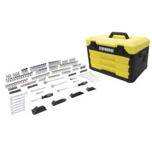 Performax® Control Drive® SAE Metric Mechanic's Tool Set - 285 Piece Set includes 3 ratchets, 51 - 1/4" drive deep and standard SAE and metric sockets, 85 - 3/8" drive deep and standard SAE and metric sockets, 23 - 1/2" drive deep and standard SAE and metric sockets, 3 spark plug sockets, 14 standard combination wrenches, 4 extensions, 40 hex keys, 1 spinner handle, and 1 magnetic bit driver with 60 screwdriver and nut driver bits 6-point and 12-point design sockets Wrenches feature a 15° offset box end angle, providing clearance and increased leverage Magnetic bit driver with 48 bits covers the most commonly used screws and bit fasteners Precision forged from chrome vanadium steel for optimum strength and durability Large roll-stamped callouts for clear and pronounced size identification Organized in a fitted blow molded case for easy transport and storage