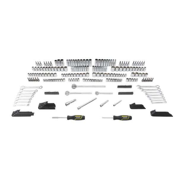 Performax Control Drive SAE Metric Mechanics Tool Set - 285 Piece Set includes 3 ratchets, 51 - 1/4" drive deep and standard SAE and metric sockets, 85 - 3/8" drive deep and standard SAE and metric sockets, 23 - 1/2" drive deep and standard SAE and metric sockets, 3 spark plug sockets, 14 standard combination wrenches, 4 extensions, 40 hex keys, 1 spinner handle, and 1 magnetic bit driver with 60 screwdriver and nut driver bits 6-point and 12-point design sockets Wrenches feature a 15° offset box end angle, providing clearance and increased leverage Magnetic bit driver with 48 bits covers the most commonly used screws and bit fasteners Precision forged from chrome vanadium steel for optimum strength and durability Large roll-stamped callouts for clear and pronounced size identification Organized in a fitted blow molded case for easy transport and storage