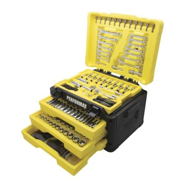 Performax® Control Drive® SAE Metric Mechanic's Tool Set - 285 Piece Set includes 3 ratchets, 51 - 1/4" drive deep and standard SAE and metric sockets, 85 - 3/8" drive deep and standard SAE and metric sockets, 23 - 1/2" drive deep and standard SAE and metric sockets, 3 spark plug sockets, 14 standard combination wrenches, 4 extensions, 40 hex keys, 1 spinner handle, and 1 magnetic bit driver with 60 screwdriver and nut driver bits 6-point and 12-point design sockets Wrenches feature a 15° offset box end angle, providing clearance and increased leverage Magnetic bit driver with 48 bits covers the most commonly used screws and bit fasteners Precision forged from chrome vanadium steel for optimum strength and durability Large roll-stamped callouts for clear and pronounced size identification Organized in a fitted blow molded case for easy transport and storage