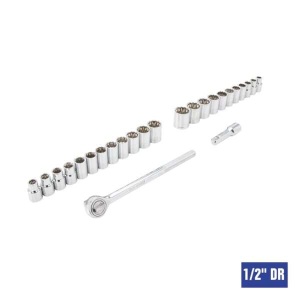 Performax® Control Drive® SAE Metric Mechanic's Tool Set - 285 Piece Set includes 3 ratchets, 51 - 1/4" drive deep and standard SAE and metric sockets, 85 - 3/8" drive deep and standard SAE and metric sockets, 23 - 1/2" drive deep and standard SAE and metric sockets, 3 spark plug sockets, 14 standard combination wrenches, 4 extensions, 40 hex keys, 1 spinner handle, and 1 magnetic bit driver with 60 screwdriver and nut driver bits 6-point and 12-point design sockets Wrenches feature a 15° offset box end angle, providing clearance and increased leverage Magnetic bit driver with 48 bits covers the most commonly used screws and bit fasteners Precision forged from chrome vanadium steel for optimum strength and durability Large roll-stamped callouts for clear and pronounced size identification Organized in a fitted blow molded case for easy transport and storage